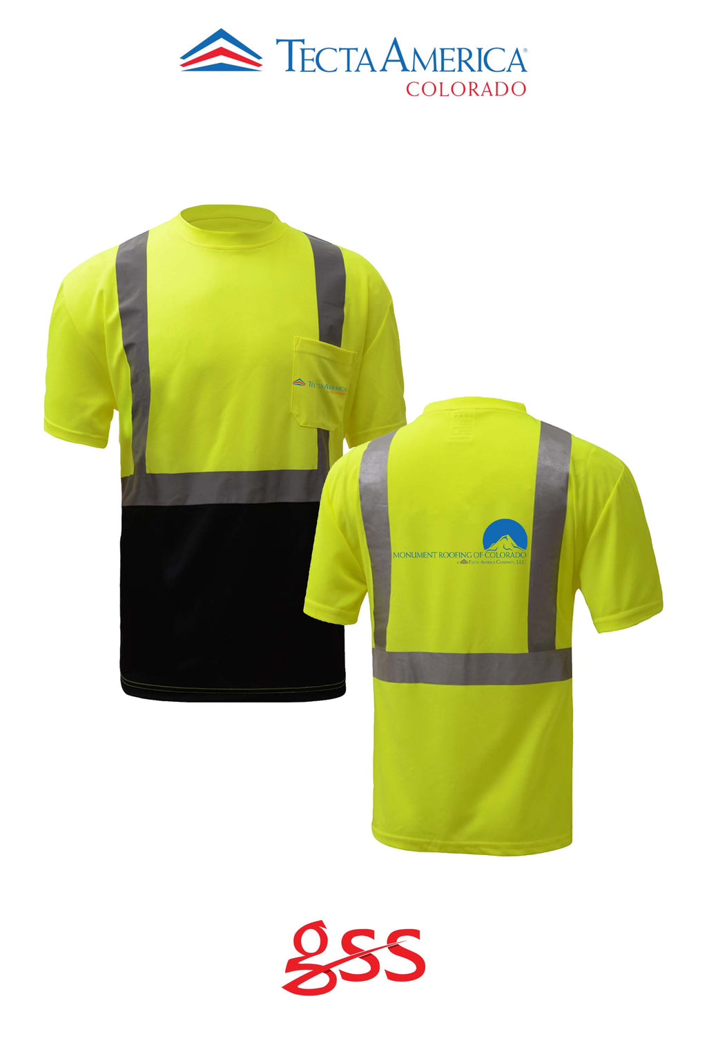 Class 2 Safety T-shirt with black bottom - Monument Roofing of Colorado
