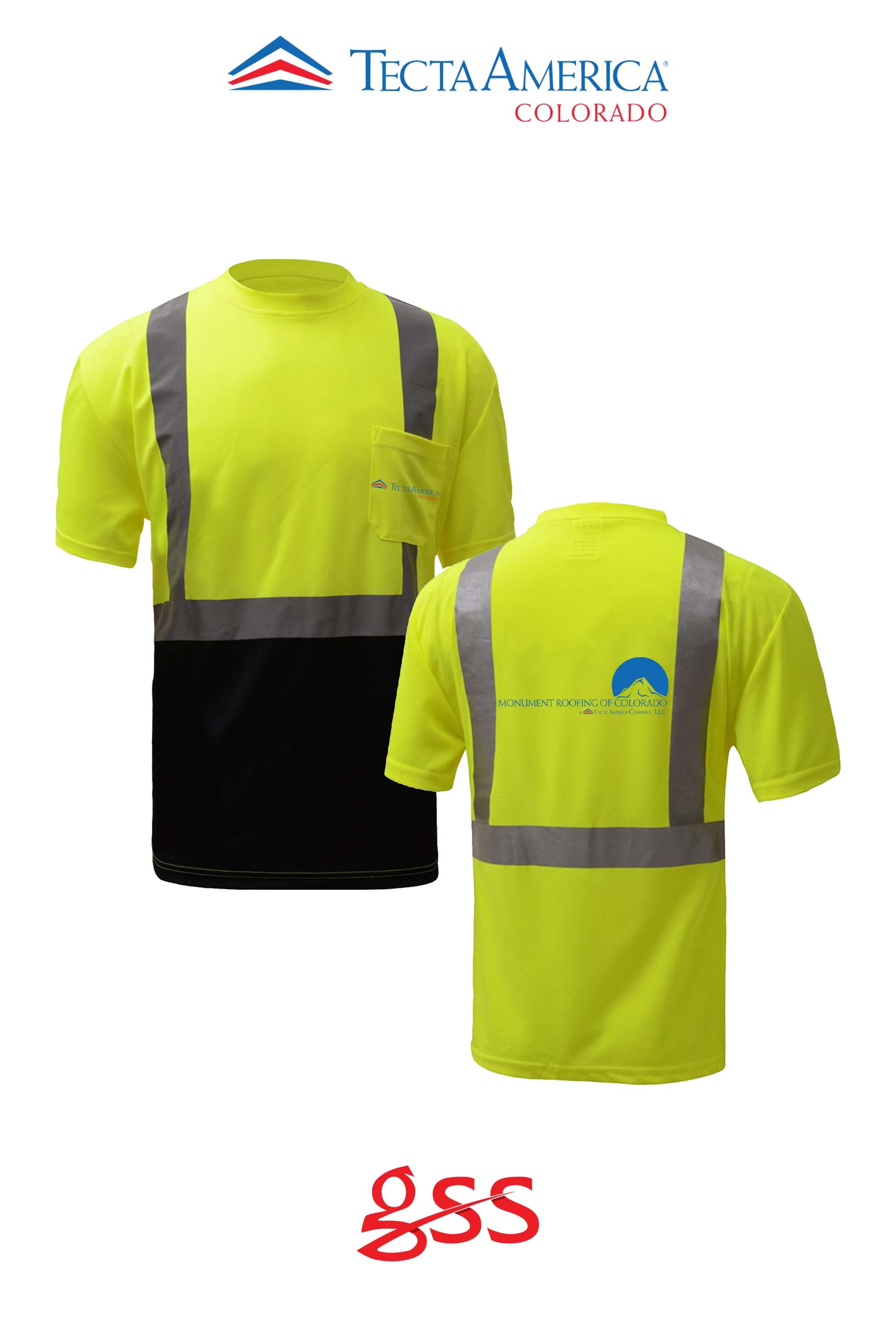 Class 2 Safety T-shirt with black bottom - Monument Roofing of Colorado