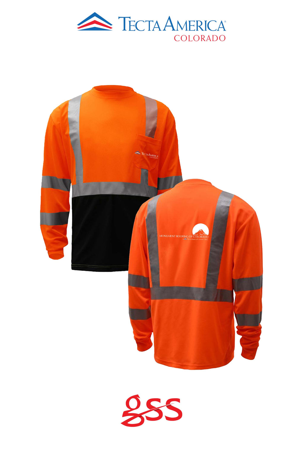Class 2 Safety Long Sleeve with black bottom - Monument Roofing of Colorado