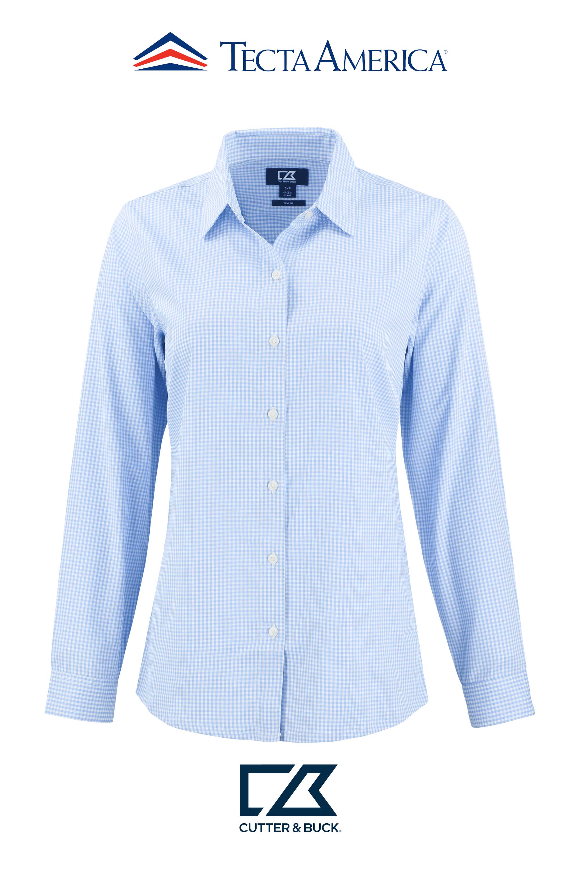 Cutter & Buck Skyline Recycled Gingham Womens Long Sleeve Spread Collar Dress Shirt