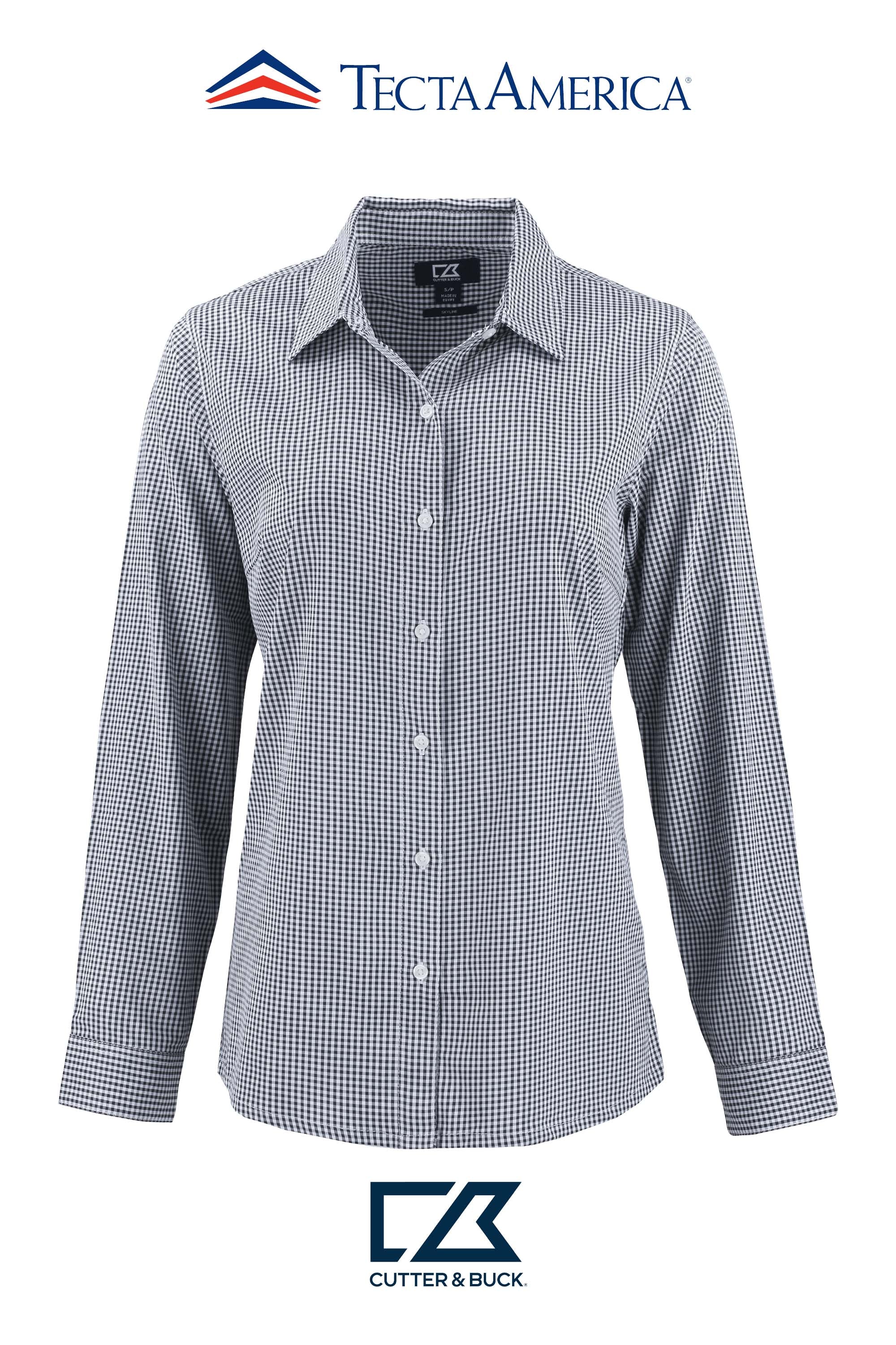 Cutter & Buck Skyline Recycled Gingham Womens Long Sleeve Spread Collar Dress Shirt