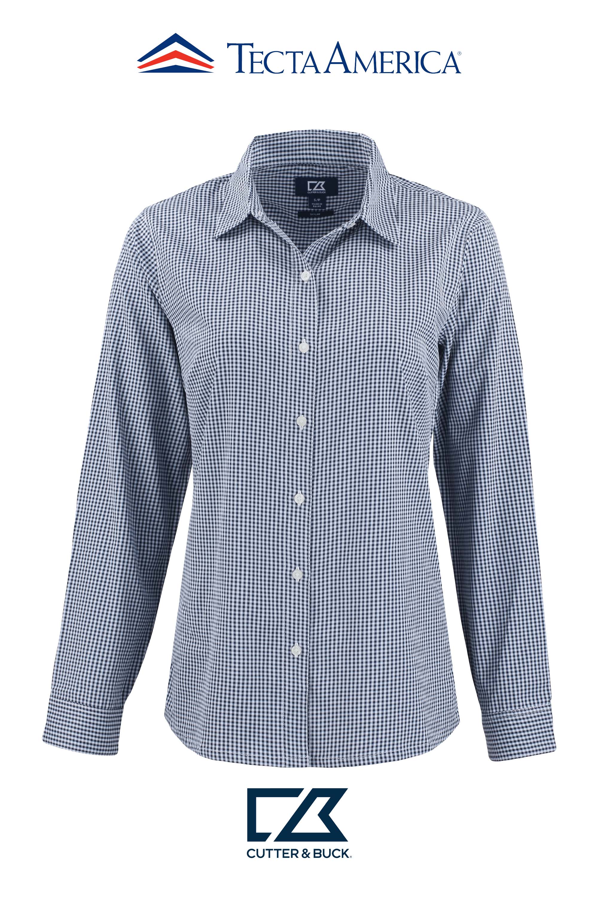 Cutter & Buck Skyline Recycled Gingham Womens Long Sleeve Spread Collar Dress Shirt